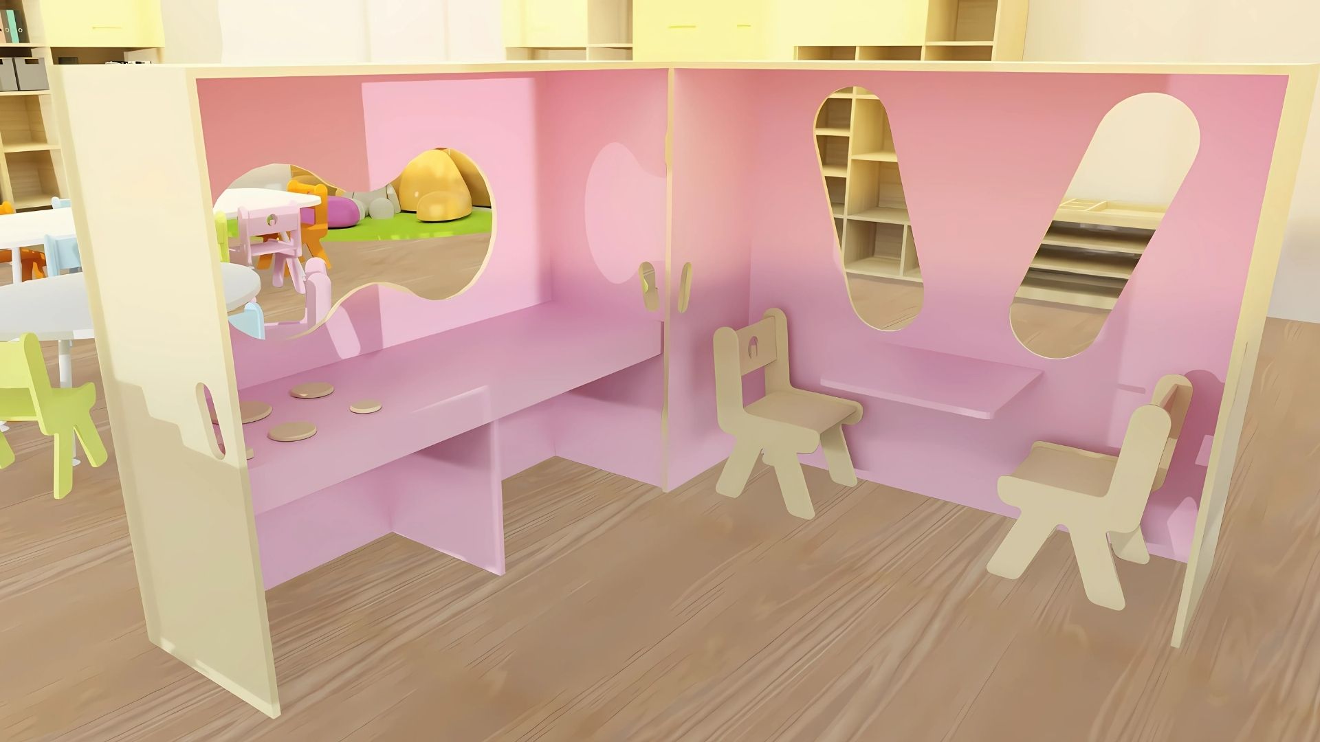 Sustainable wood preschool furniture for Reggio Emilia environments.